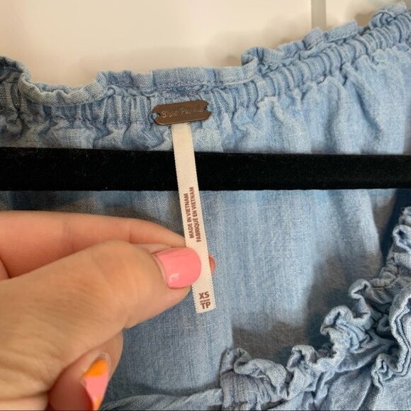 Free People Women's Top Medium Knit Chambray Tie Neck Blue Size XS - Picture 5 of 9